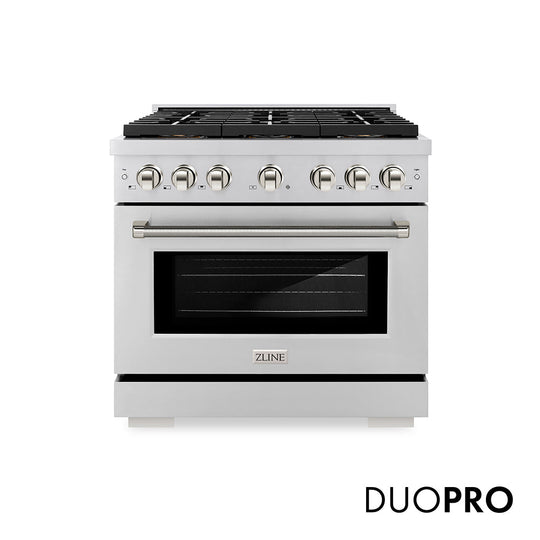 ZLINE Autograph Edition 36 in. 5.2 cu. ft. Paramount Dual Fuel Range with 6 Burner DuoPro™ Cooktop and Electric Convection Oven in Stainless Steel with Polished Nickel Helix Handle and Accents (PSDRZ-36-KPN)