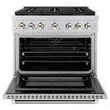 ZLINE Autograph Edition 36 in. 5.2 cu. ft. Paramount Dual Fuel Range with 6 Burner DuoPro™ Cooktop and Electric Convection Oven in Stainless Steel with Polished Nickel Helix Handle and Accents (PSDRZ-36-KPN)