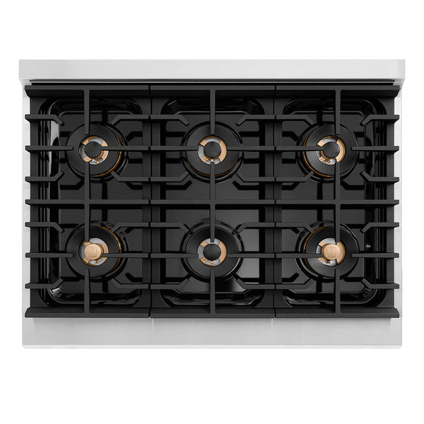 ZLINE Autograph Edition 36 in. 5.2 cu. ft. Paramount Dual Fuel Range with 6 Burner DuoPro™ Cooktop and Electric Convection Oven in Stainless Steel with Polished Nickel Helix Handle and Accents (PSDRZ-36-KPN)