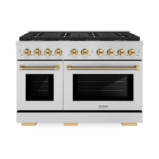 ZLINE Autograph Edition 48 in. 6.7 cu. ft. Paramount Dual Fuel Range with 8 Burner DuoPro™ Cooktop and Dual Ovens in Stainless Steel with Polished Gold Helix Handles and Accents (PSDRZ-48-KG)