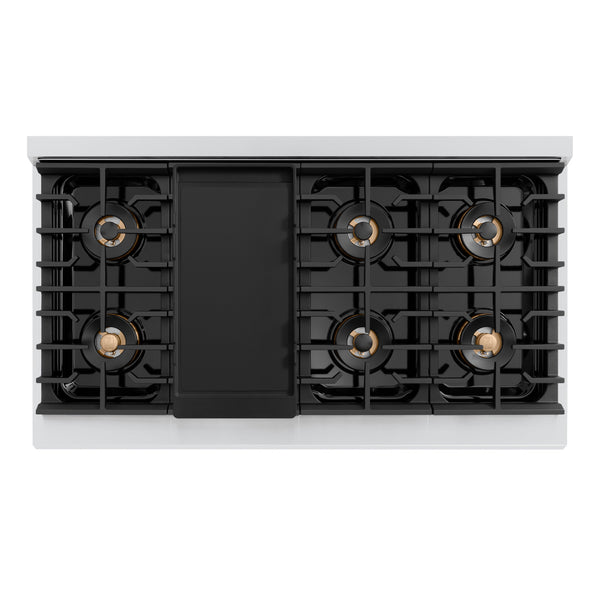 ZLINE Autograph Edition 48 in. 6.7 cu. ft. Paramount Dual Fuel Range with 8 Burner DuoPro™ Cooktop and Dual Ovens in Stainless Steel with Polished Gold Helix Handles and Accents (PSDRZ-48-KG)