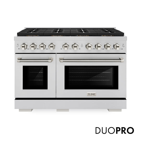ZLINE Autograph Edition 48 in. 6.7 cu. ft. Paramount Dual Fuel Range with 8 Burner DuoPro™ Cooktop and Dual Ovens in Stainless Steel with Polished Nickel Helix Handles and Accents (PSDRZ-48-KPN)