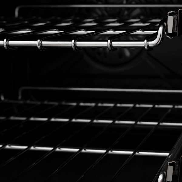 ZLINE 48 in. 6.0 cu. ft. Dual Fuel Range with Gas Stove and Electric Oven in Fingerprint Resistant Stainless Steel (RA-SN-48) close-up, adjustable racks inside oven.
