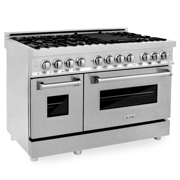 ZLINE 48 in. 6.0 cu. ft. Dual Fuel Range with Gas Stove and Electric Oven in Fingerprint Resistant Stainless Steel (RA-SN-48) side, oven closed.