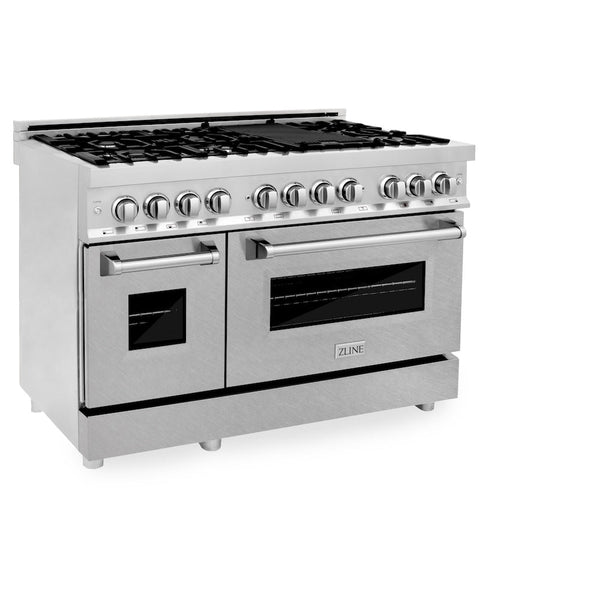 ZLINE 48 in. 6.0 cu. ft. Dual Fuel Range with Gas Stove and Electric Oven in Fingerprint Resistant Stainless Steel (RA-SN-48) side, oven door closed.