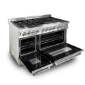ZLINE 48-inch Dual Fuel Range in DuraSnow® Stainless Steel (RA-SN-48) side, oven doors open.