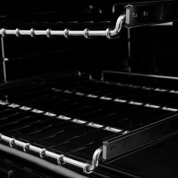 ZLINE Autograph Edition 24 in. 2.8 cu. ft. Dual Fuel Range with Gas Stove and Electric Oven in Stainless Steel with Polished Gold Accents (RAZ-24-G) close-up, SmoothGlide ball-bearing adjustable racks inside oven from side.