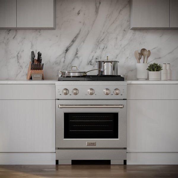 ZLINE 30 in. 4.2 cu. ft. Paramount Dual Fuel Range with 4 Burner Gas Cooktop and Electric Convection Oven in Satin Stainless Steel (SDRS-30)
