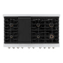 ZLINE 48 In. Freestanding Gas Range in Stainless Steel with Brass Burners (SGR-BR-48) from above, showing gas burners, black porcelain cooktop, and cast-iron grates.