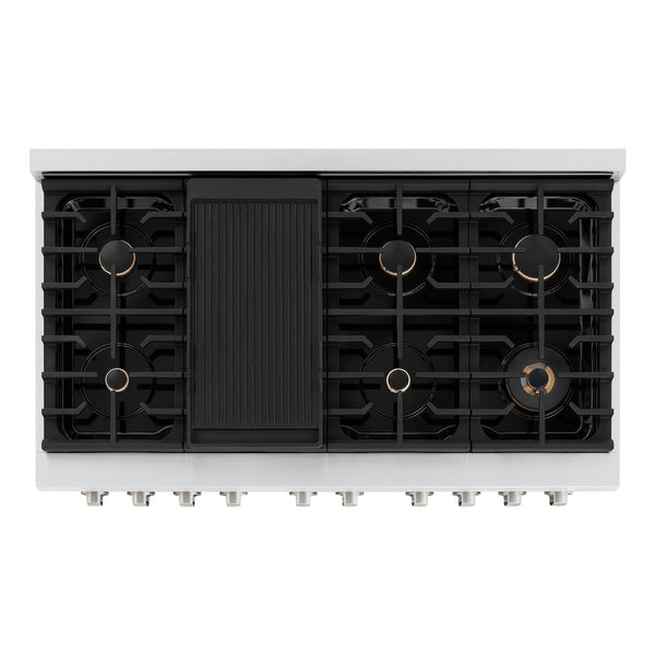 ZLINE 48 In. Freestanding Gas Range in Stainless Steel with Brass Burners (SGR-BR-48) from above, showing gas burners, black porcelain cooktop, and cast-iron grates.