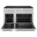 ZLINE 48 in. 6.7 cu. ft. 8 Burner Double Oven Gas Range in Stainless Steel (SGR48) front, oven open.