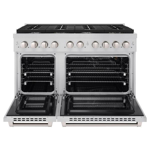 ZLINE 48 in. 6.7 cu. ft. 8 Burner Double Oven Gas Range in Stainless Steel (SGR48) front, oven open.