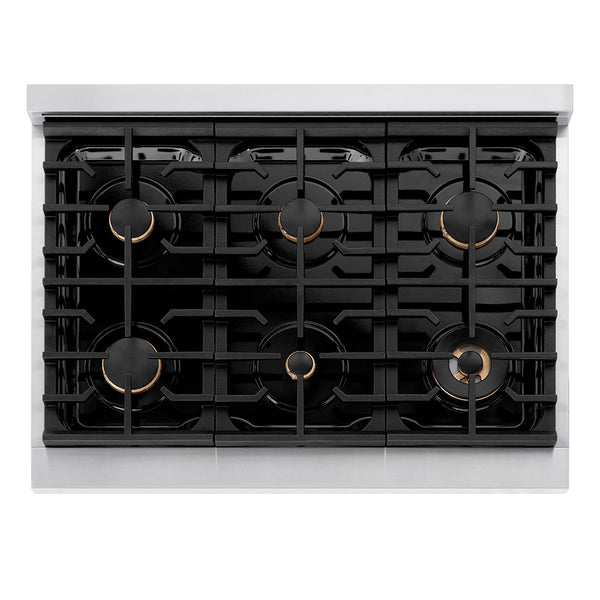 ZLINE Autograph Edition 36 in. 5.2 cu. ft. Paramount Gas Range with 6 Burner Cooktop and Convection Gas Oven in Stainless Steel with Champagne Bronze Helix Handle and Knob Accents (SGRZ-36-KCB)