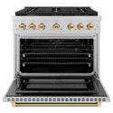 ZLINE Autograph Edition 36 in. 5.2 cu. ft. Paramount Gas Range with 6 Burner Cooktop and Convection Gas Oven in Stainless Steel with Polished Gold Helix Handle and Knob Accents (SGRZ-36-KG)