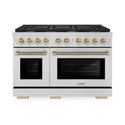 ZLINE Autograph Edition 48 in. 6.7 cu. ft. Paramount Double Oven Gas Range with 8 Burner Cooktop in Stainless Steel and Champagne Bronze Helix Handles and Knob Accents (SGRZ-48-KCB)
