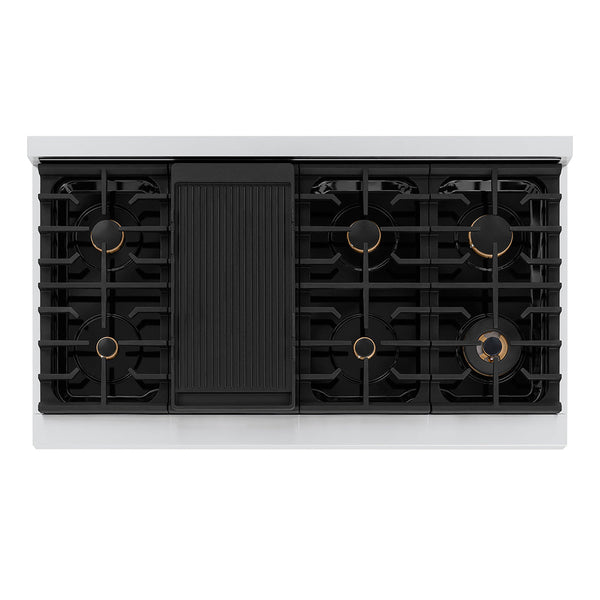 ZLINE Autograph Edition 48 in. 6.7 cu. ft. Paramount Double Oven Gas Range with 8 Burner Cooktop in Stainless Steel and Champagne Bronze Helix Handles and Knob Accents (SGRZ-48-KCB)