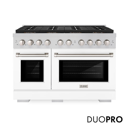 ZLINE 48 in. 6.7 cu. ft. Paramount Gas Range with 8 Burner DuoPro™ Cooktop and Dual Ovens with White Matte Doors (PSGR-WM-48)