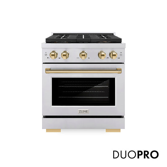 ZLINE Autograph Edition 30 in. 4.2 cu. ft. Paramount Gas Range with 4 Burner DuoPro™ Cooktop and Convection Gas Oven in Stainless Steel with Polished Gold Accents (PSGRZ-30-G)
