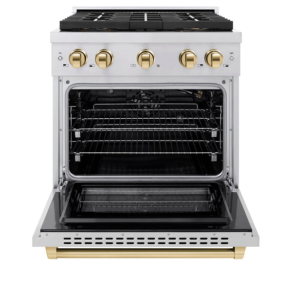 ZLINE Autograph Edition 30 in. 4.2 cu. ft. Paramount Gas Range with 4 Burner DuoPro™ Cooktop and Convection Gas Oven in Stainless Steel with Polished Gold Accents (PSGRZ-30-G)