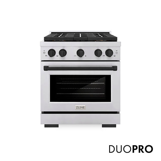 ZLINE Autograph Edition 30 in. 4.2 cu. ft. Paramount Gas Range with 4 Burner DuoPro™ Cooktop and Convection Gas Oven in Stainless Steel with Matte Black Accents (PSGRZ-30-MB)
