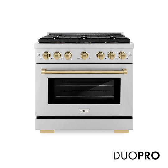 ZLINE Autograph Edition 36 in. 5.2 cu. ft. Paramount Gas Range with 6 Burner DuoPro™ Cooktop and Convection Gas Oven in Stainless Steel and Champagne Bronze Accents (PSGRZ-36-CB)