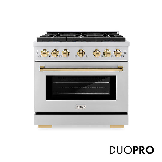 ZLINE Autograph Edition 36 in. 5.2 cu. ft. Paramount Gas Range with 6 Burner DuoPro™ Cooktop and Convection Gas Oven in Stainless Steel and Polished Gold Accents (PSGRZ-36-G)