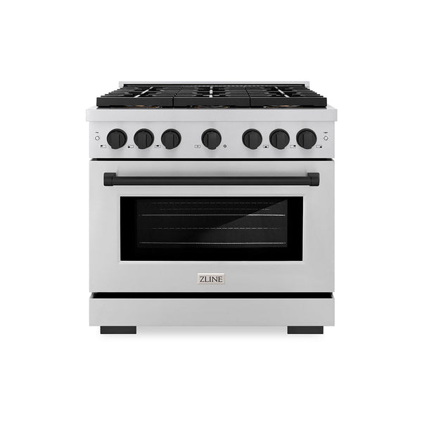 ZLINE Autograph Edition 36 in. 5.2 cu. ft. Paramount Gas Range with 6 Burner DuoPro™ Cooktop and Convection Gas Oven in Stainless Steel and Matte Black Accents (PSGRZ-36-MB)