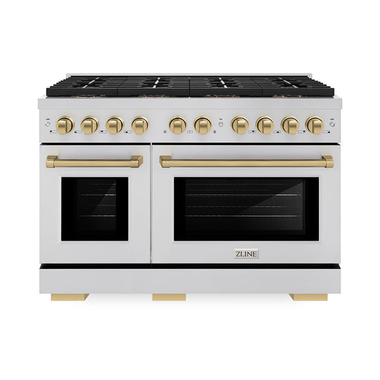 ZLINE Autograph Edition 48 in. 6.7 cu. ft. Paramount Gas Range with 8 Burner DuoPro™ Cooktop and Dual Ovens in Stainless Steel and Champagne Bronze Accents (PSGRZ-48-CB)