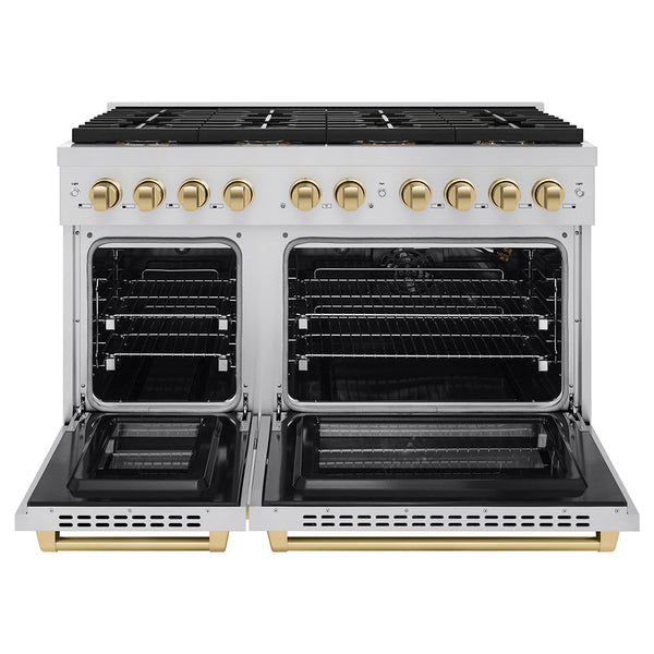 ZLINE Autograph Edition 48 in. 6.7 cu. ft. Paramount Gas Range with 8 Burner DuoPro™ Cooktop and Dual Ovens in Stainless Steel and Champagne Bronze Accents (PSGRZ-48-CB)