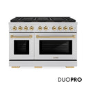 ZLINE Autograph Edition 48 in. 6.7 cu. ft. Paramount Gas Range with 8 Burner DuoPro™ Cooktop and Dual Ovens in Stainless Steel and Polished Gold Accents (PSGRZ-48-G)
