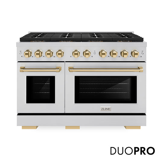 ZLINE Autograph Edition 48 in. 6.7 cu. ft. Paramount Gas Range with 8 Burner DuoPro™ Cooktop and Dual Ovens in Stainless Steel and Polished Gold Accents (PSGRZ-48-G)