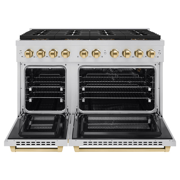 ZLINE Autograph Edition 48 in. 6.7 cu. ft. Paramount Gas Range with 8 Burner DuoPro™ Cooktop and Dual Ovens in Stainless Steel and Polished Gold Accents (PSGRZ-48-G)