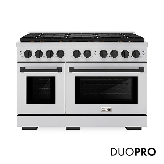ZLINE Autograph Edition 48 in. 6.7 cu. ft. Paramount Gas Range with 8 Burner DuoPro™ Cooktop and Dual Ovens in Stainless Steel and Matte Black Accents (PSGRZ-48-MB)