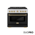 ZLINE Autograph Edition 36 in. 5.2 cu. ft. Paramount Gas Range with 6 Burner DuoPro™ Cooktop and Convection Gas Oven with Black Matte Door and Polished Gold Accents (PSGRZ-BLM-36-G)