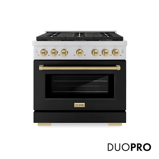 ZLINE Autograph Edition 36 in. 5.2 cu. ft. Paramount Gas Range with 6 Burner DuoPro™ Cooktop and Convection Gas Oven with Black Matte Door and Champagne Bronze Accents (PSGRZ-BLM-36-CB)
