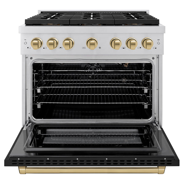 ZLINE Autograph Edition 36 in. 5.2 cu. ft. Paramount Gas Range with 6 Burner DuoPro™ Cooktop and Convection Gas Oven with Black Matte Door and Champagne Bronze Accents (PSGRZ-BLM-36-CB)