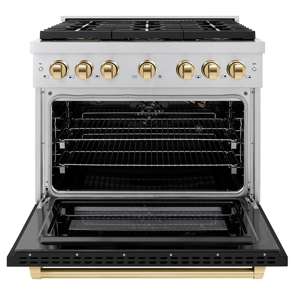 ZLINE Autograph Edition 36 in. 5.2 cu. ft. Paramount Gas Range with 6 Burner DuoPro™ Cooktop and Convection Gas Oven with Black Matte Door and Polished Gold Accents (PSGRZ-BLM-36-G)