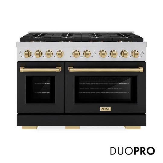 ZLINE Autograph Edition 48 in. 6.7 cu. ft. Paramount Gas Range with 8 Burner DuoPro™ Cooktop and Dual Ovens with Black Matte Doors and Champagne Bronze Accents (PSGRZ-BLM-48-CB)