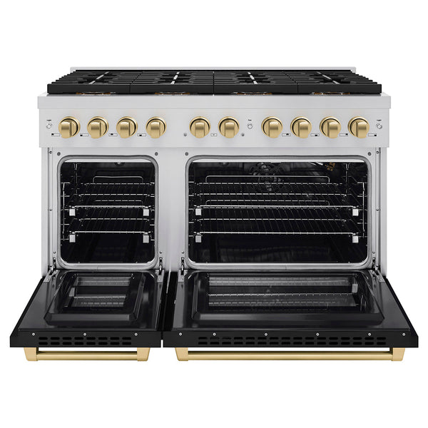 ZLINE Autograph Edition 48 in. 6.7 cu. ft. Paramount Gas Range with 8 Burner DuoPro™ Cooktop and Dual Ovens with Black Matte Doors and Champagne Bronze Accents (PSGRZ-BLM-48-CB)
