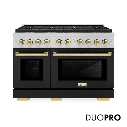 ZLINE Autograph Edition 48 in. 6.7 cu. ft. Paramount Gas Range with 8 Burner DuoPro™ Cooktop and Dual Ovens with Black Matte Doors and Polished Gold Accents (PSGRZ-BLM-48-G)
