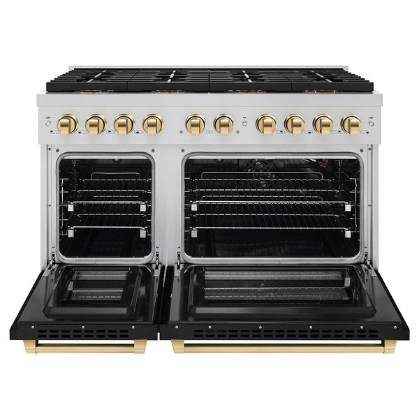 ZLINE Autograph Edition 48 in. 6.7 cu. ft. Paramount Gas Range with 8 Burner DuoPro™ Cooktop and Dual Ovens with Black Matte Doors and Polished Gold Accents (PSGRZ-BLM-48-G)