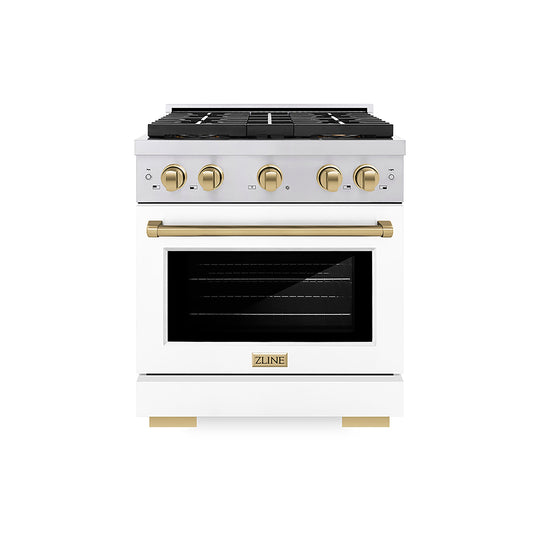 ZLINE Autograph Edition 30 in. 4.2 cu. ft. Paramount Gas Range with 4 Burner DuoPro™ Cooktop and Convection Gas Oven in Stainless Steel with White Matte Door and Champagne Bronze Accents (PSGRZ-WM-30-CB)