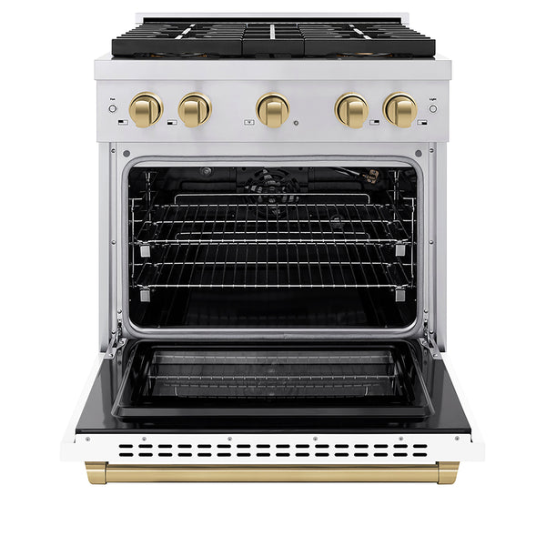 ZLINE Autograph Edition 30 in. 4.2 cu. ft. Paramount Gas Range with 4 Burner DuoPro™ Cooktop and Convection Gas Oven in Stainless Steel with White Matte Door and Champagne Bronze Accents (PSGRZ-WM-30-CB)