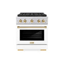 ZLINE Autograph Edition 30 in. 4.2 cu. ft. Paramount Gas Range with 4 Burner DuoPro™ Cooktop and Convection Gas Oven in Stainless Steel with White Matte Door and Polished Gold Accents (PSGRZ-WM-30-G)