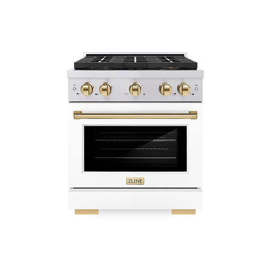 ZLINE Autograph Edition 30 in. 4.2 cu. ft. Paramount Gas Range with 4 Burner DuoPro™ Cooktop and Convection Gas Oven in Stainless Steel with White Matte Door and Polished Gold Accents (PSGRZ-WM-30-G)