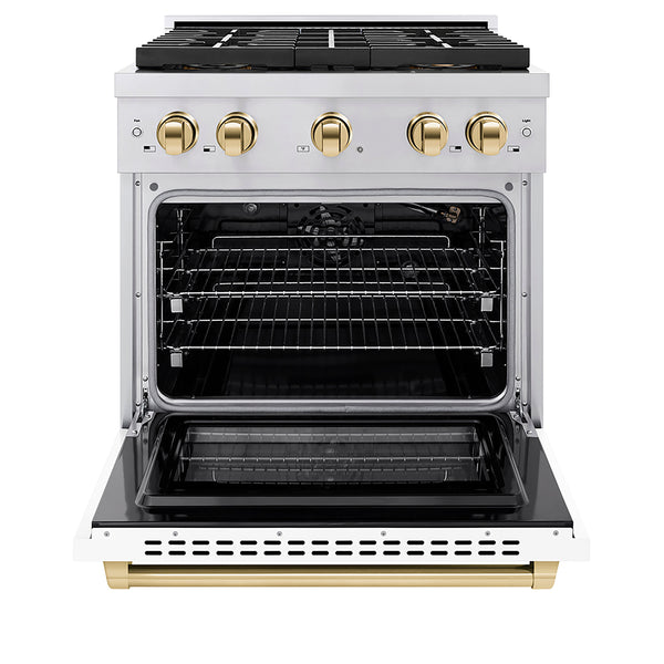 ZLINE Autograph Edition 30 in. 4.2 cu. ft. Paramount Gas Range with 4 Burner DuoPro™ Cooktop and Convection Gas Oven in Stainless Steel with White Matte Door and Polished Gold Accents (PSGRZ-WM-30-G)