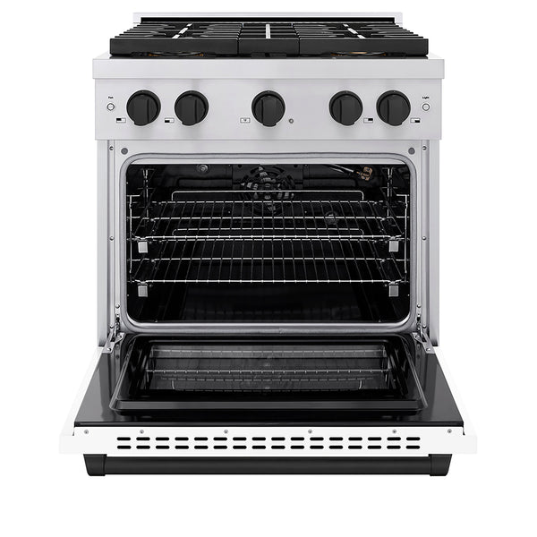 ZLINE Autograph Edition 30 in. 4.2 cu. ft. Paramount Gas Range with 4 Burner DuoPro™ Cooktop and Convection Gas Oven in Stainless Steel with White Matte Door and Matte Black Accents (PSGRZ-WM-30-MB)