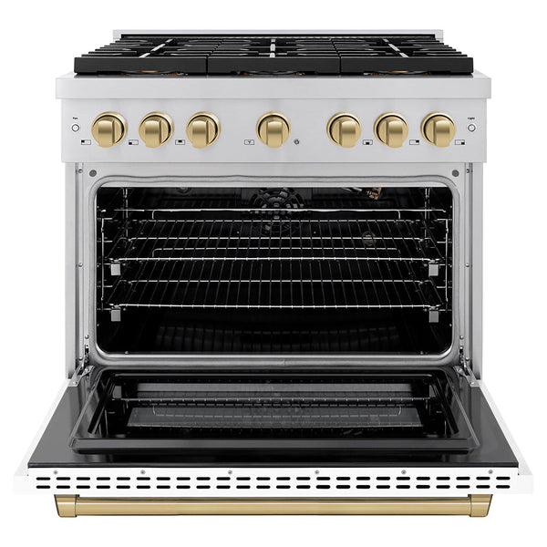 ZLINE Autograph Edition 36 in. 5.2 cu. ft. Paramount Gas Range with 6 Burner DuoPro™ Cooktop and Convection Gas Oven with White Matte Door and Champagne Bronze Accents (PSGRZ-WM-36-CB)