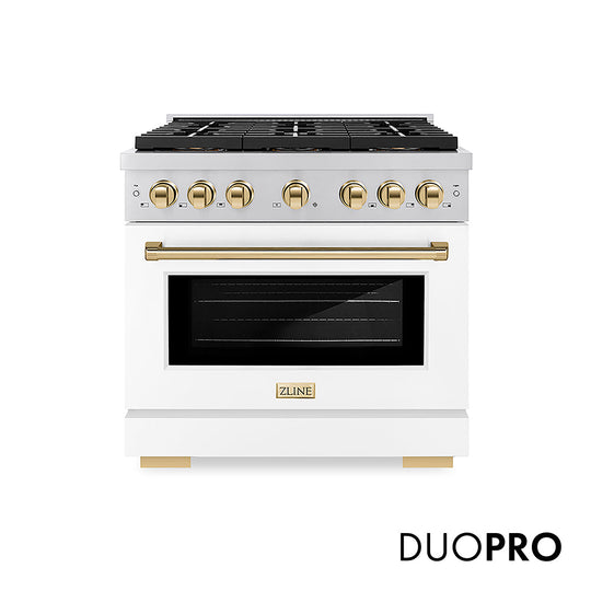 ZLINE Autograph Edition 36 in. 5.2 cu. ft. Paramount Gas Range with 6 Burner DuoPro™ Cooktop and Convection Gas Oven with White Matte Door and Polished Gold Accents (PSGRZ-WM-36-G)