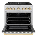 ZLINE Autograph Edition 36 in. 5.2 cu. ft. Paramount Gas Range with 6 Burner DuoPro™ Cooktop and Convection Gas Oven with White Matte Door and Polished Gold Accents (PSGRZ-WM-36-G)